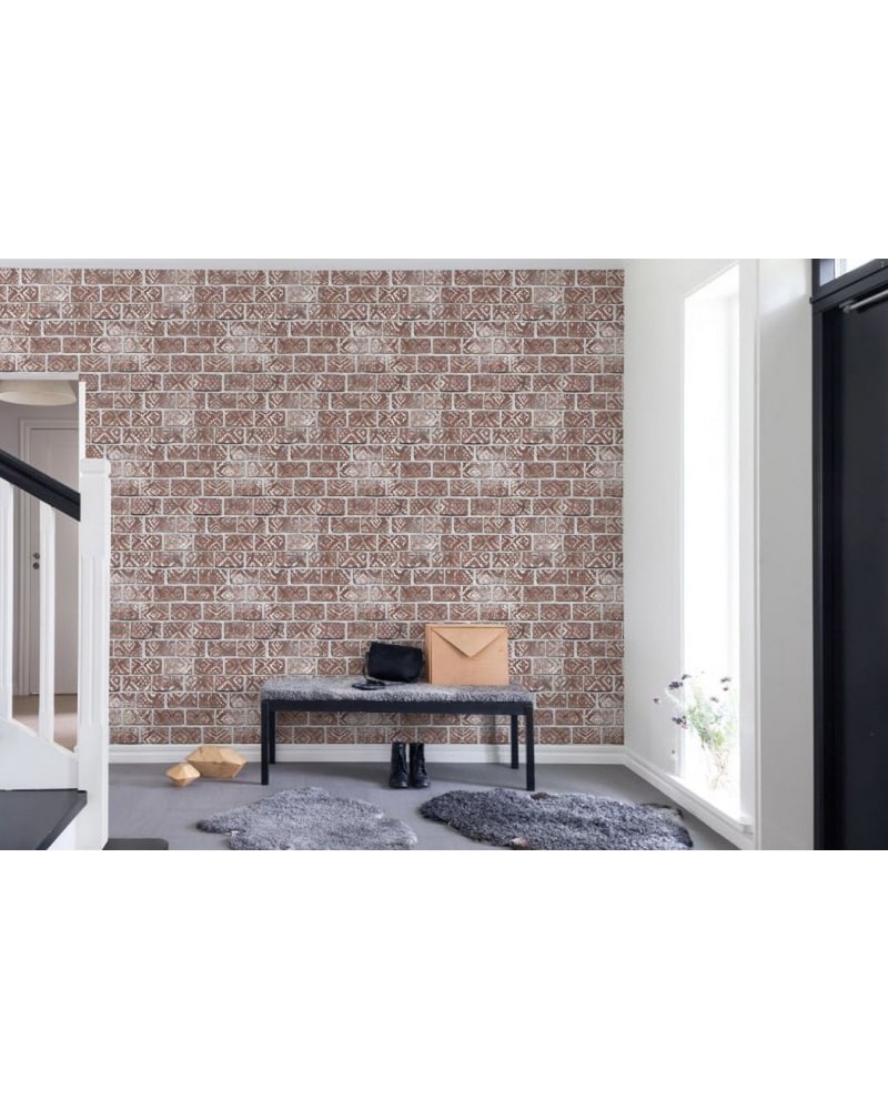 Papel Pintado R15231 Decorated Bricks, Red - REBEL WALLS