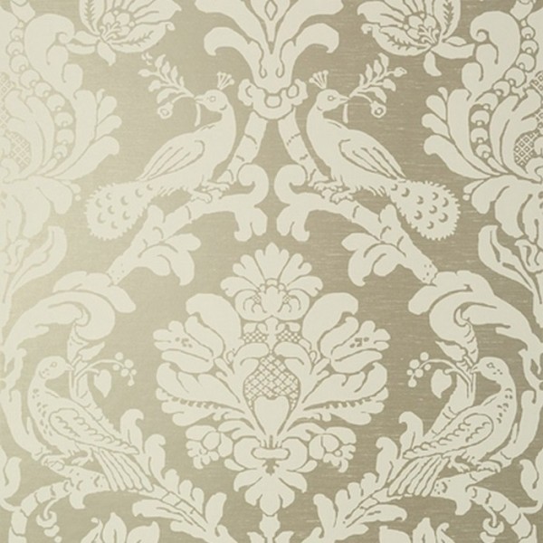 Wallpaper Passaro Damask T89136 Cream on Metallic Pewter - THIBAUT