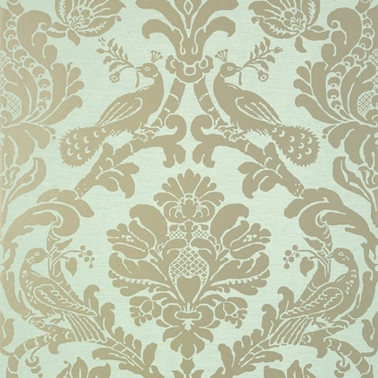 Wallpaper Passaro Damask T89137 Metallic Pewter on Seafoam - THIBAUT