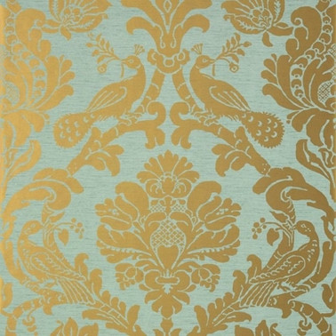 Wallpaper Passaro Damask T89141 Metallic Gold on Aqua - THIBAUT