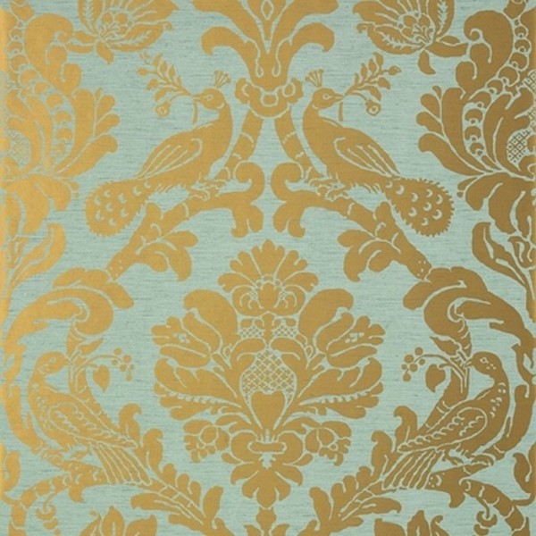 Papel de parede Passaro Damask T89141 Metallic Gold on Aqua - THIBAUT