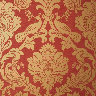 Wallpaper Passaro Damask T89142 Metallic Gold on Red - THIBAUT