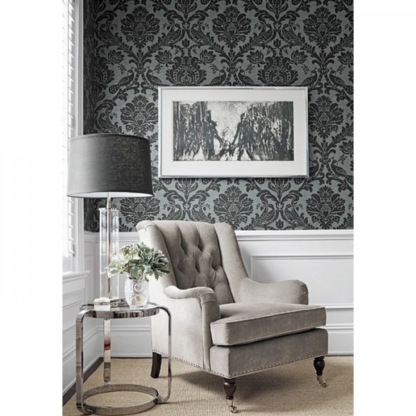 Wallpaper Passaro Damask T89136 Cream on Metallic Pewter - THIBAUT