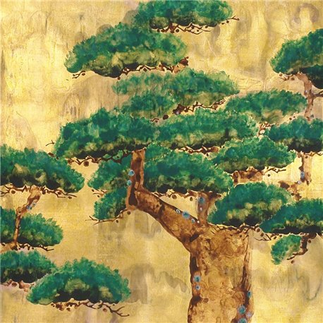 Pine Trees Original on Old Gold gilded paper with pearlescent antiquing