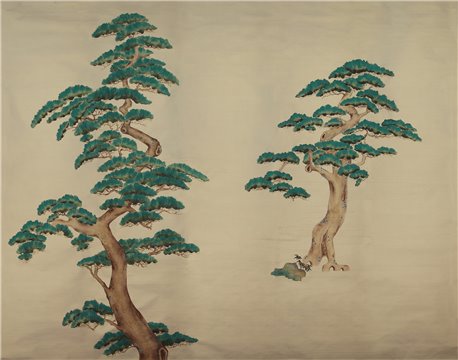 Pine Trees Original on New Faint Gold metalic silk