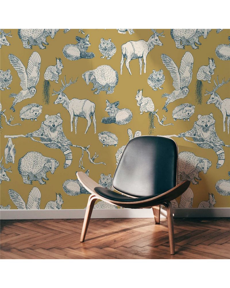 ANIMAL WALLPAPER - FOREST FRIENDS - GOLD-TEAL