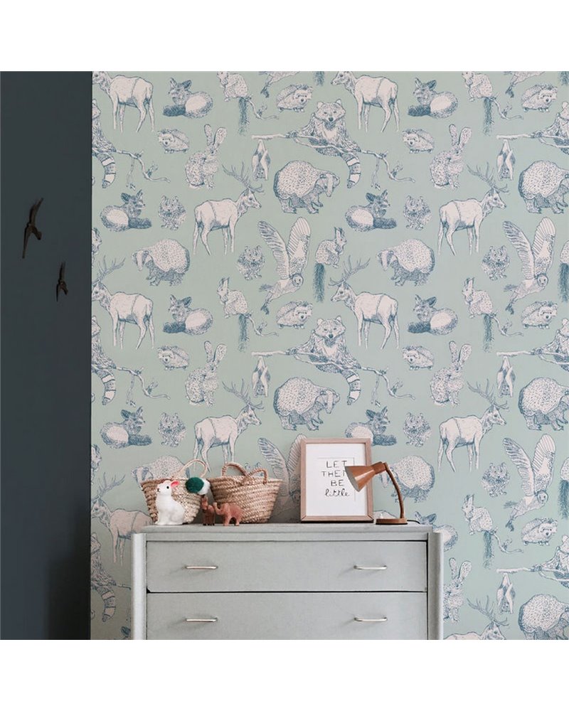 ANIMAL WALLPAPER - FOREST FRIENDS - MINT-SOFT TEAL