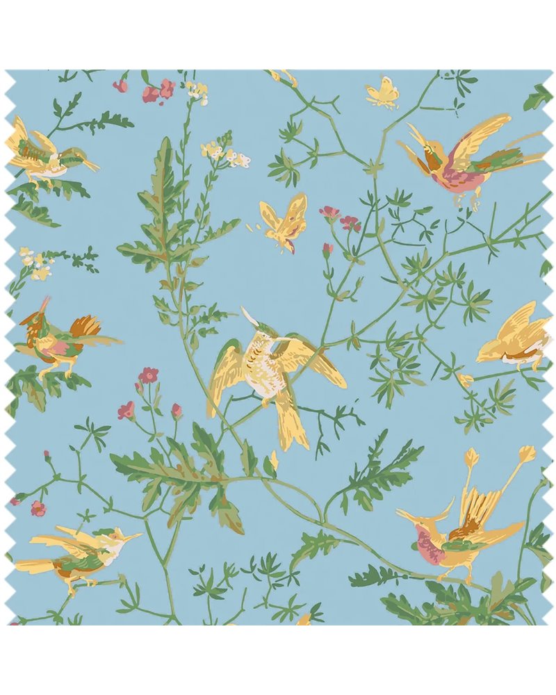 Hummingbirds Cotton Buttercup Yellow On Cornflower Blue F125-3011