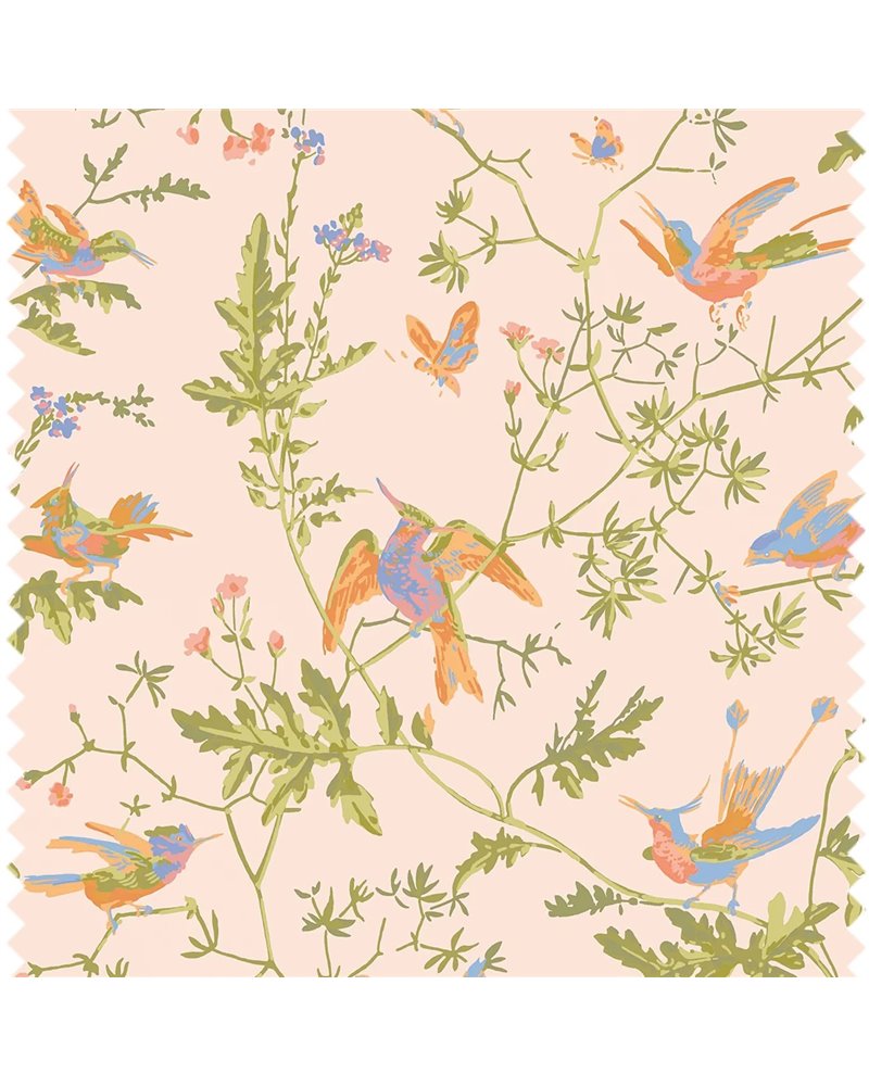 Hummingbirds Cotton Tangerine & Olive On Blush F125-3010