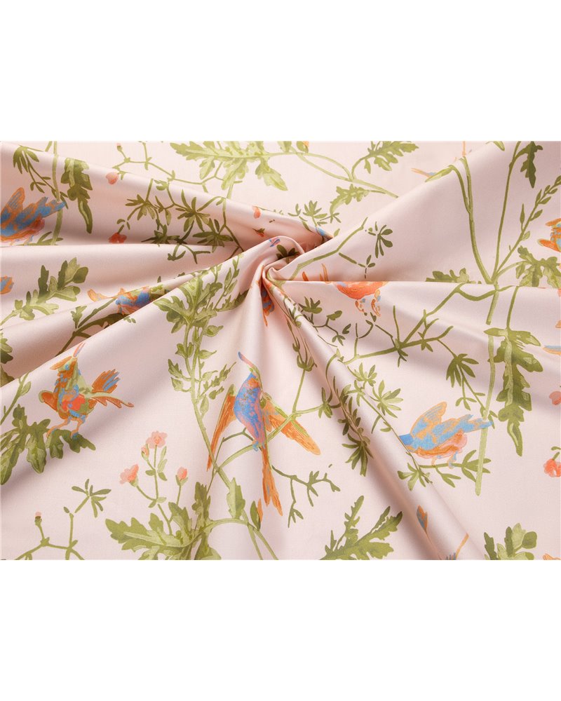 Hummingbirds Cotton Tangerine & Olive On Blush F125-3010